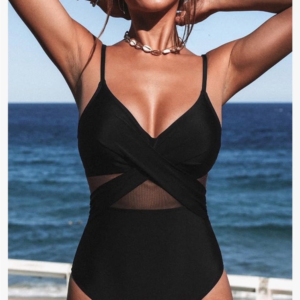 CUPSHE Women’s V Neck Wrapped Mesh Tummy Control One Piece Swimsuit